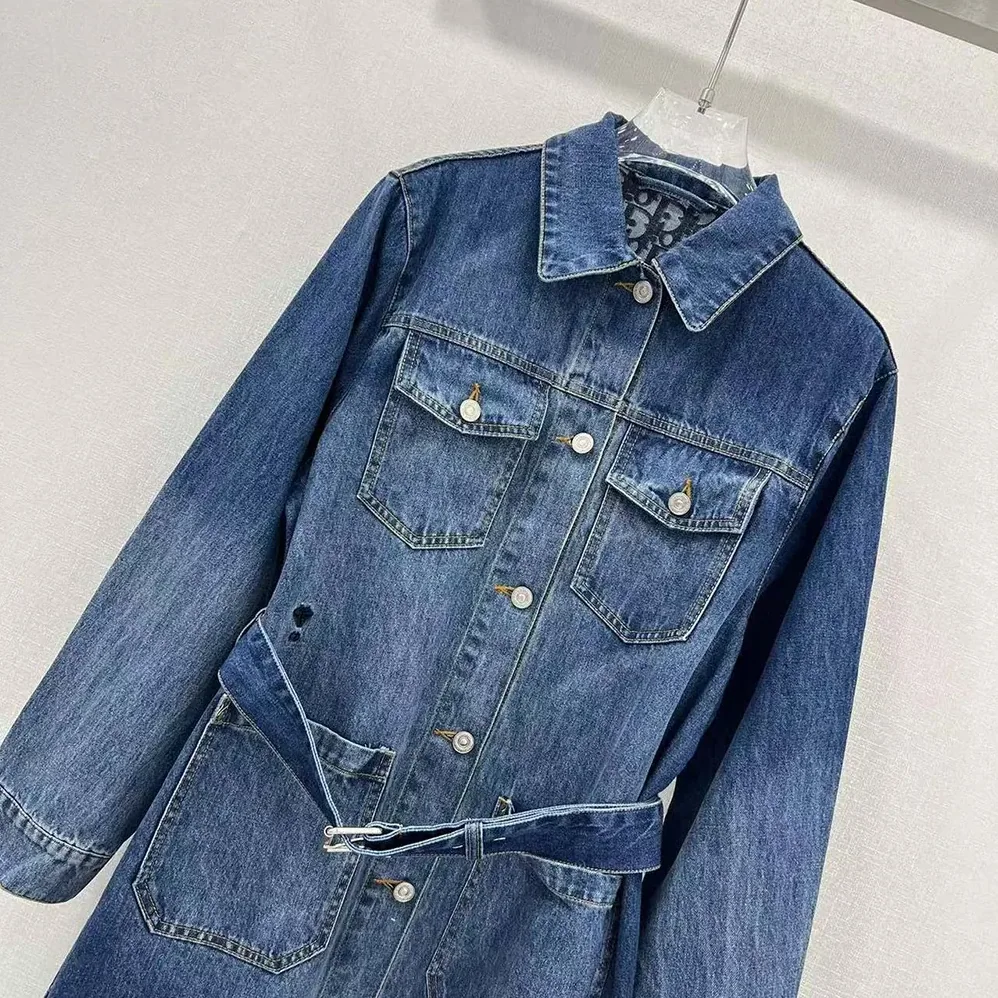 Dior Long Belted Jacket Blue Stonewashed Cotton Denim with Dior Oblique Interior for Women