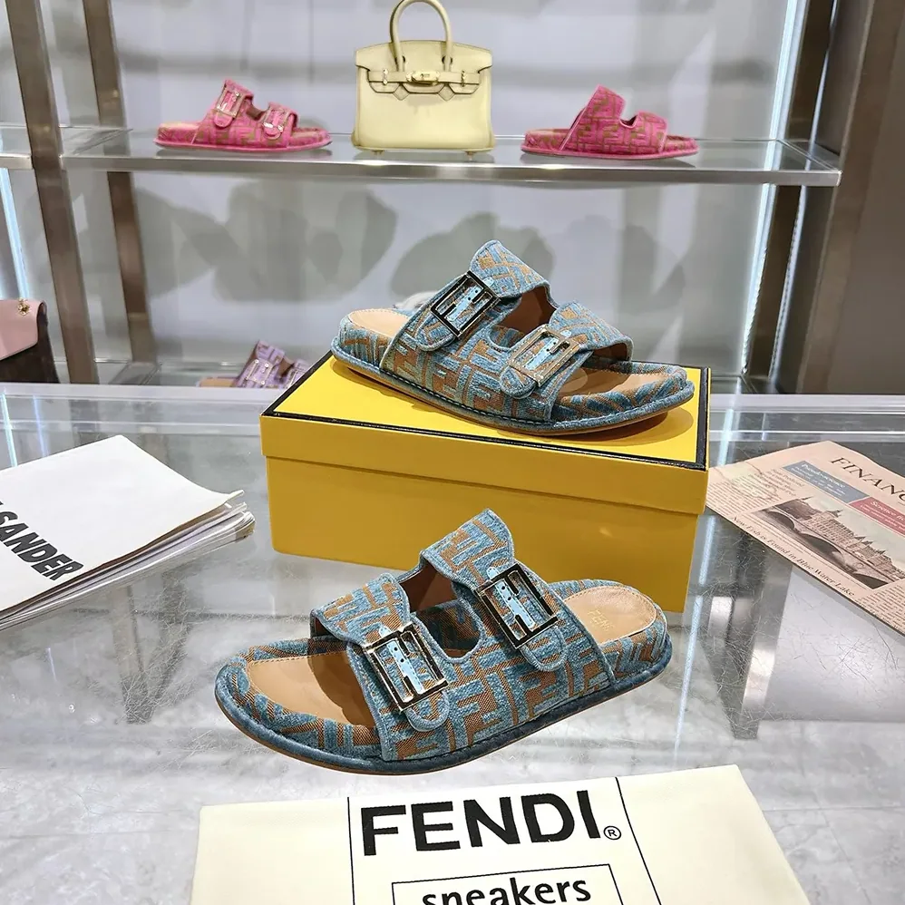 Fendi Feel Light Blue FF Jacquard Velvet Slides for Women