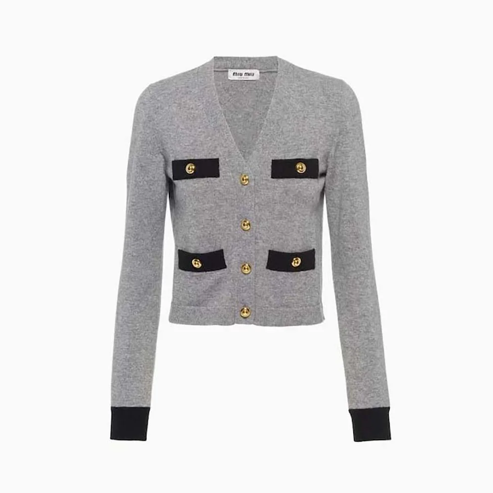 Miu Miu Cashmere Cardigan with Knit Logo Patch for Women in Gray
