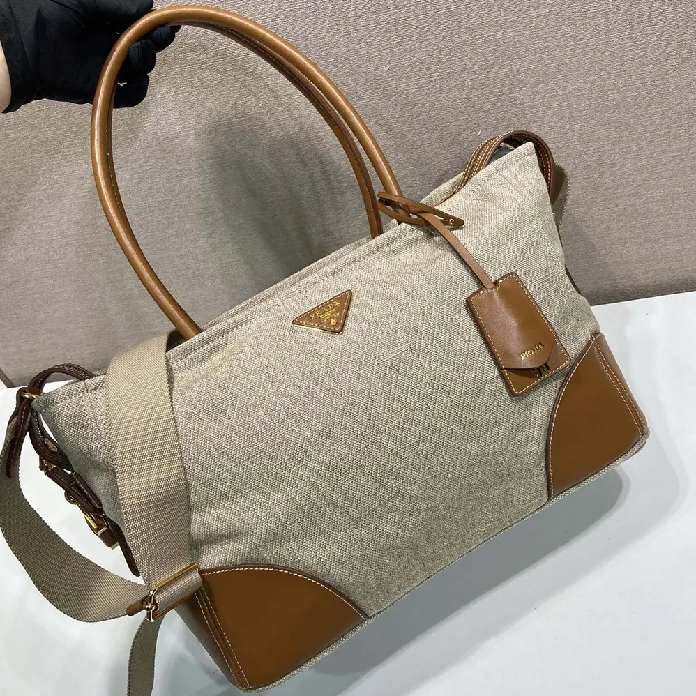 Prada Large Linen And Leather Tote Bag for Women in Rope/Natural Prada Large Linen And Leather Tote Bag for Women in Rope/Natural