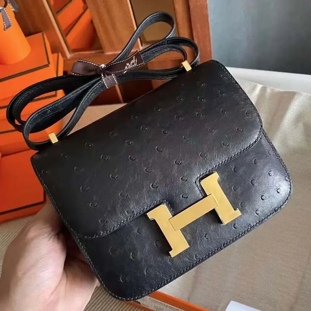 Hermes Constance 19 Bag Nata Ostrich Leather for Women in Black/Gold Hermes Constance 19 Bag Nata Ostrich Leather for Women in Black/Gold