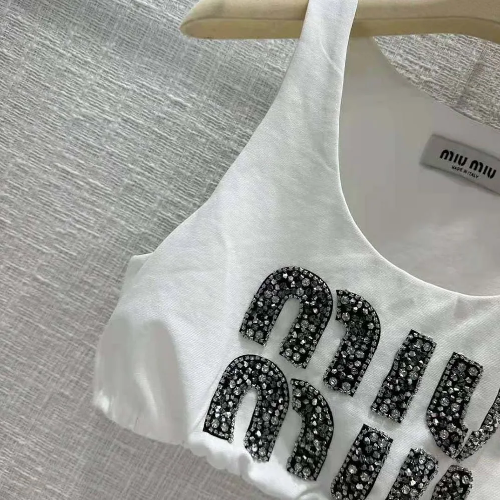 Miu Miu Embroidered Jersey Top with Embroidered Logo for Women Miu Miu Embroidered Jersey Top with Embroidered Logo for Women
