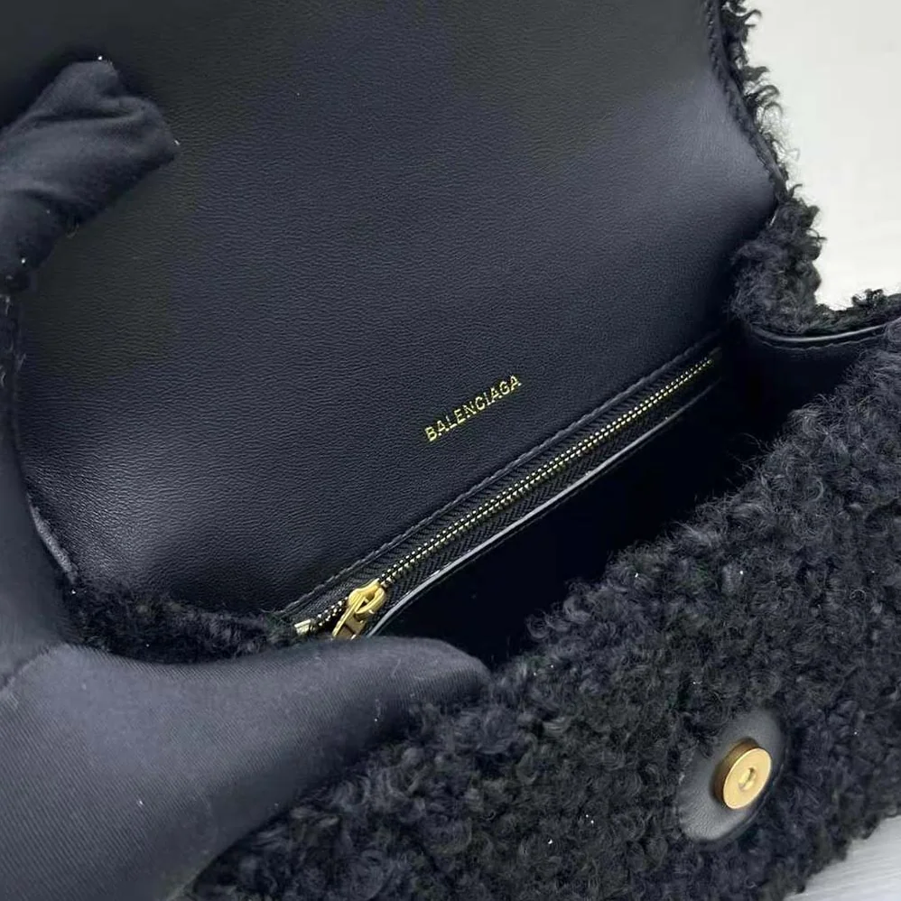 Balenciaga Furry Hourglass Small Handbag with Strap in Black for Women Balenciaga Furry Hourglass Small Handbag with Strap in Black for Women