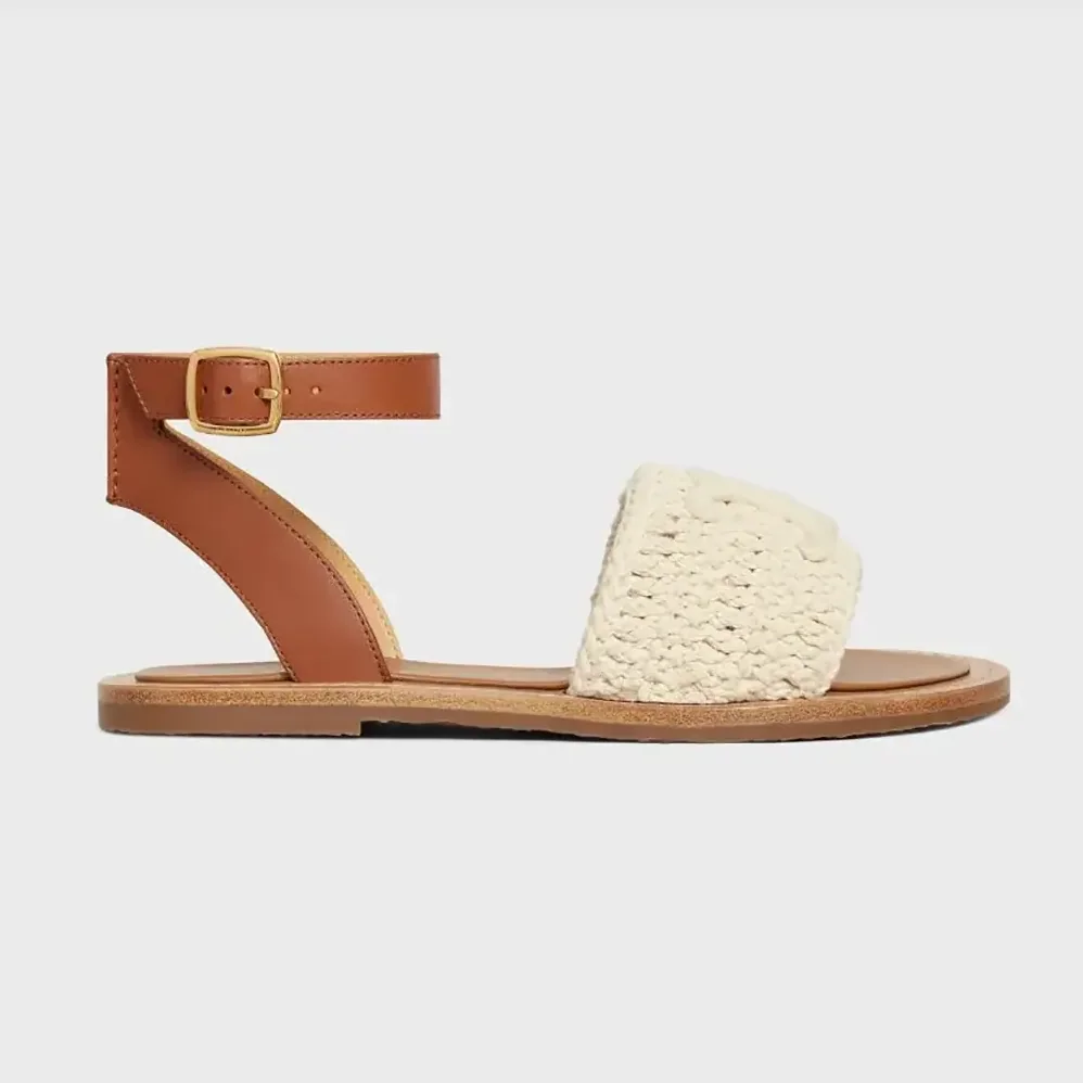 Celine Lympia Sandal in Triomphe Maccramé Cotton & Calfskin for Women in White Celine Lympia Sandal in Triomphe Maccramé Cotton & Calfskin for Women in White