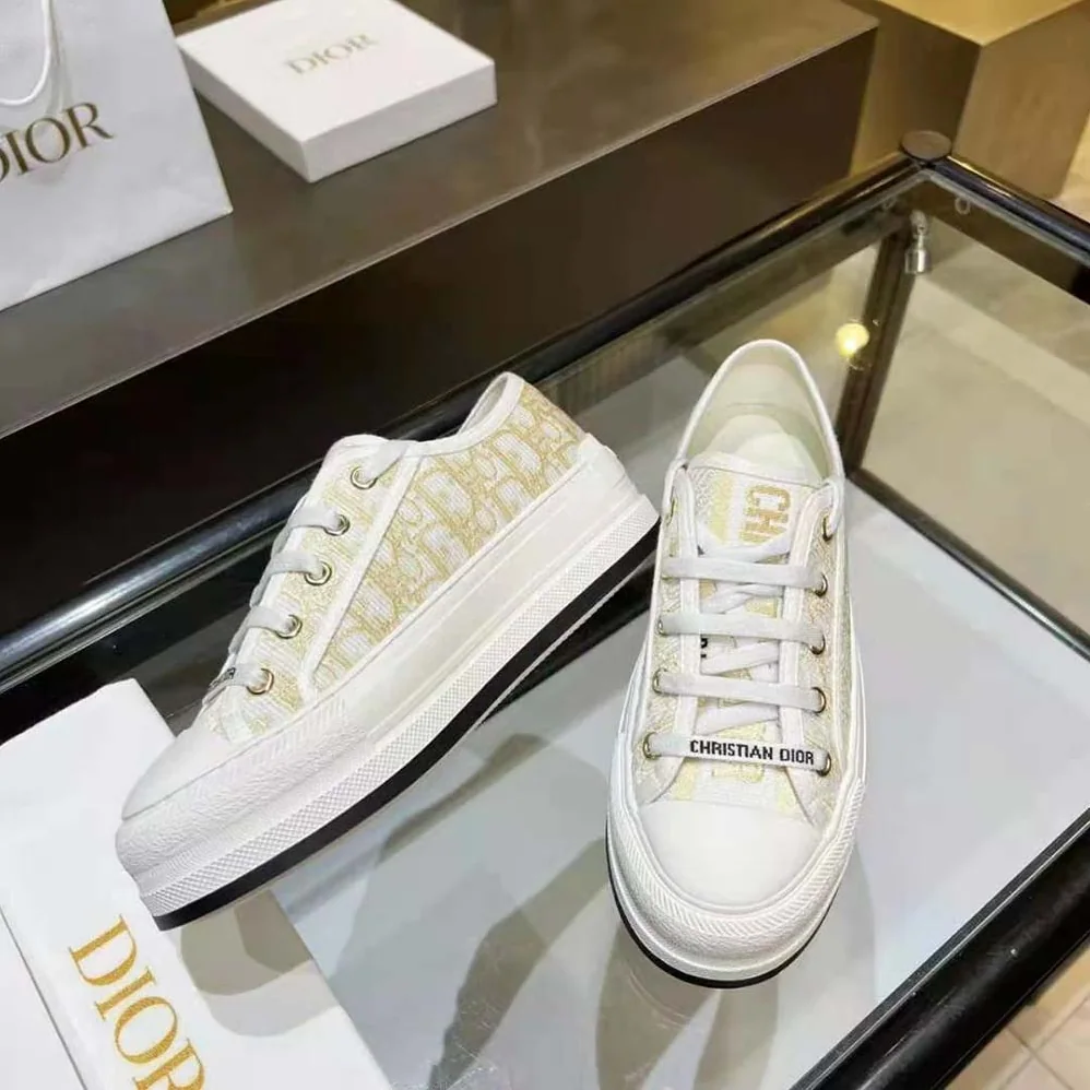 Dior Walk'N'Dior Platform Sneaker Gold-Tone Dior Oblique Cotton with Metallic Thread Embroidery for Women