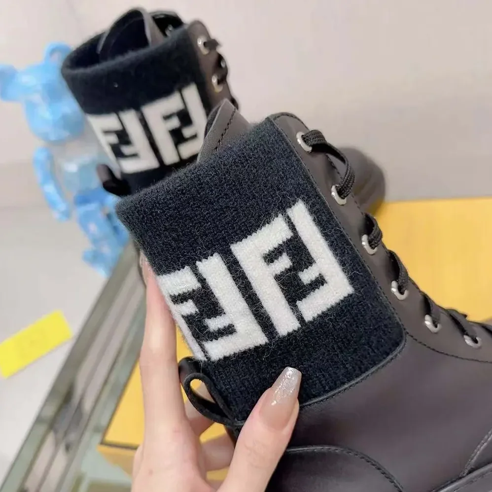 Fendi Rockoko Black Leather Biker Boots with FF Jacquard Motif for Women Fendi Rockoko Black Leather Biker Boots with FF Jacquard Motif for Women