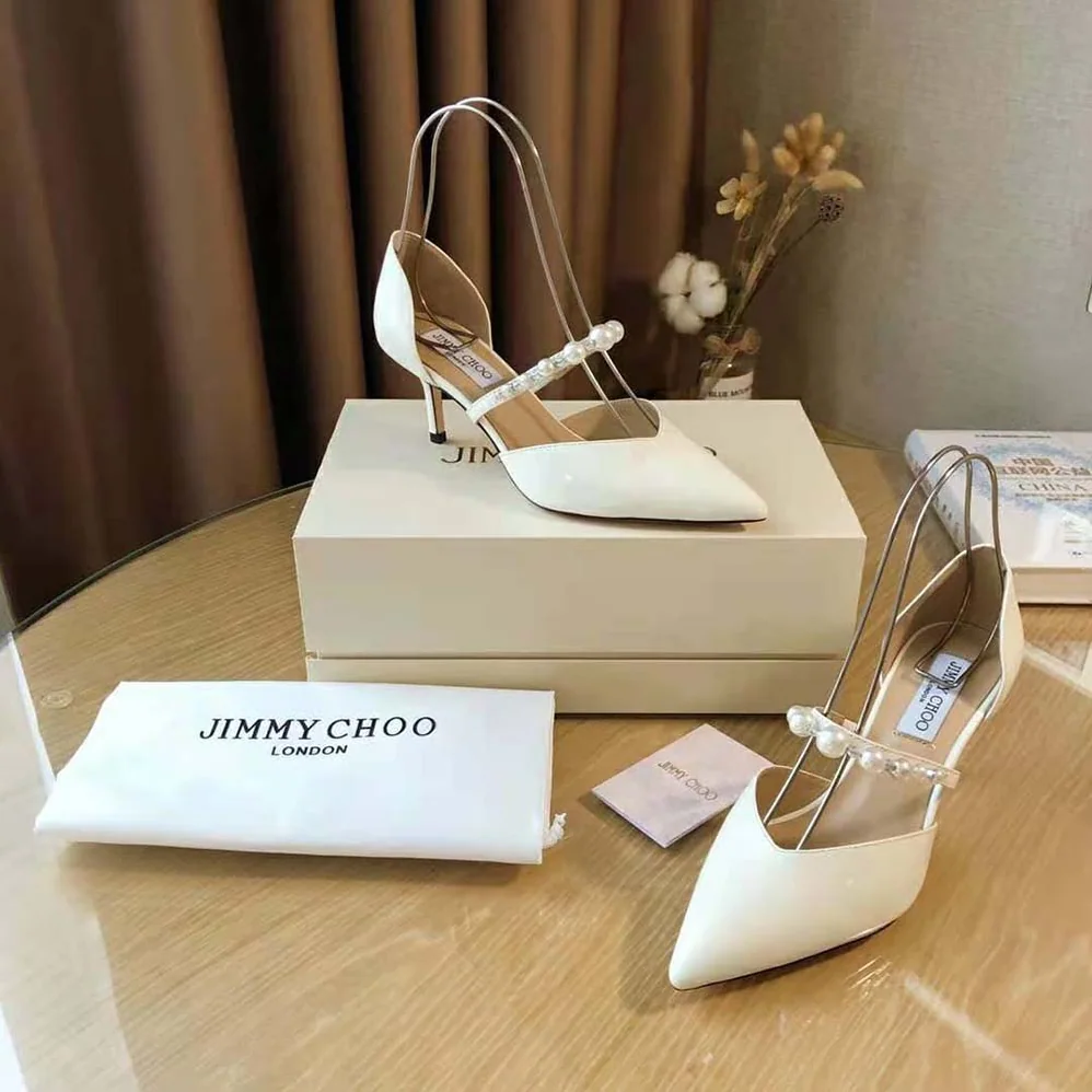 Jimmy Choo Aurelie 85 Latte Patent Leather Pointed Pumps with Pearl Embellishment for Women Jimmy Choo Aurelie 85 Latte Patent Leather Pointed Pumps with Pearl Embellishment for Women
