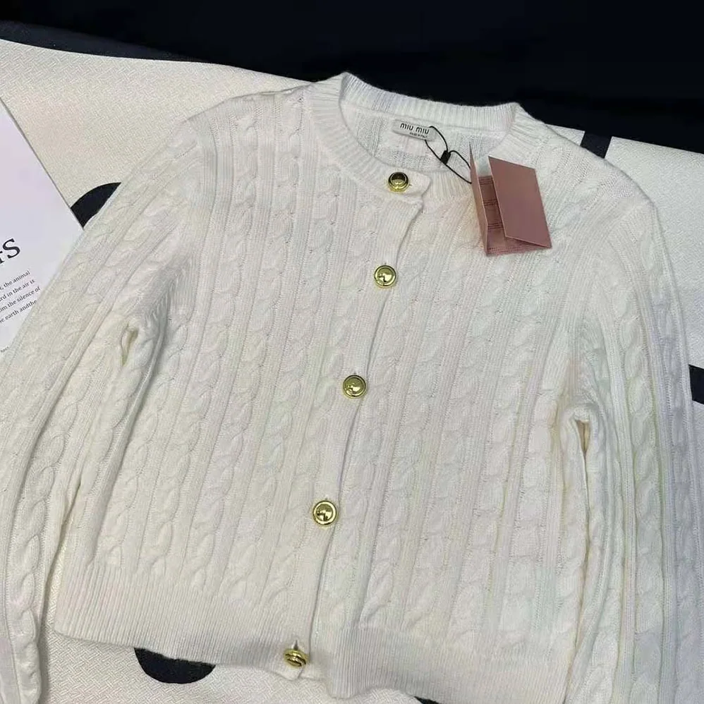 Miu Miu Cashmere Cardigan with Knit Logo Patch for Women Miu Miu Cashmere Cardigan with Knit Logo Patch for Women