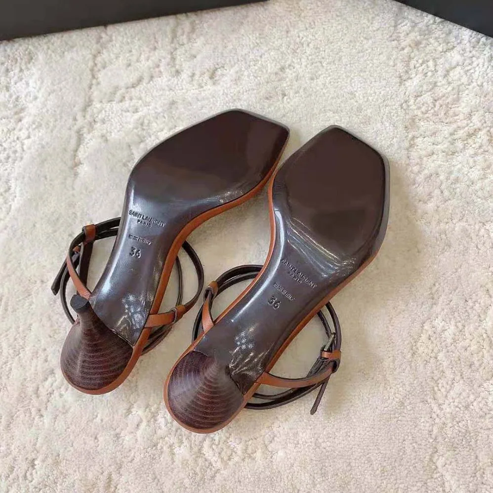 Saint Laurent YSL Cassandra Sandals in Smooth Leather for Women in Brown