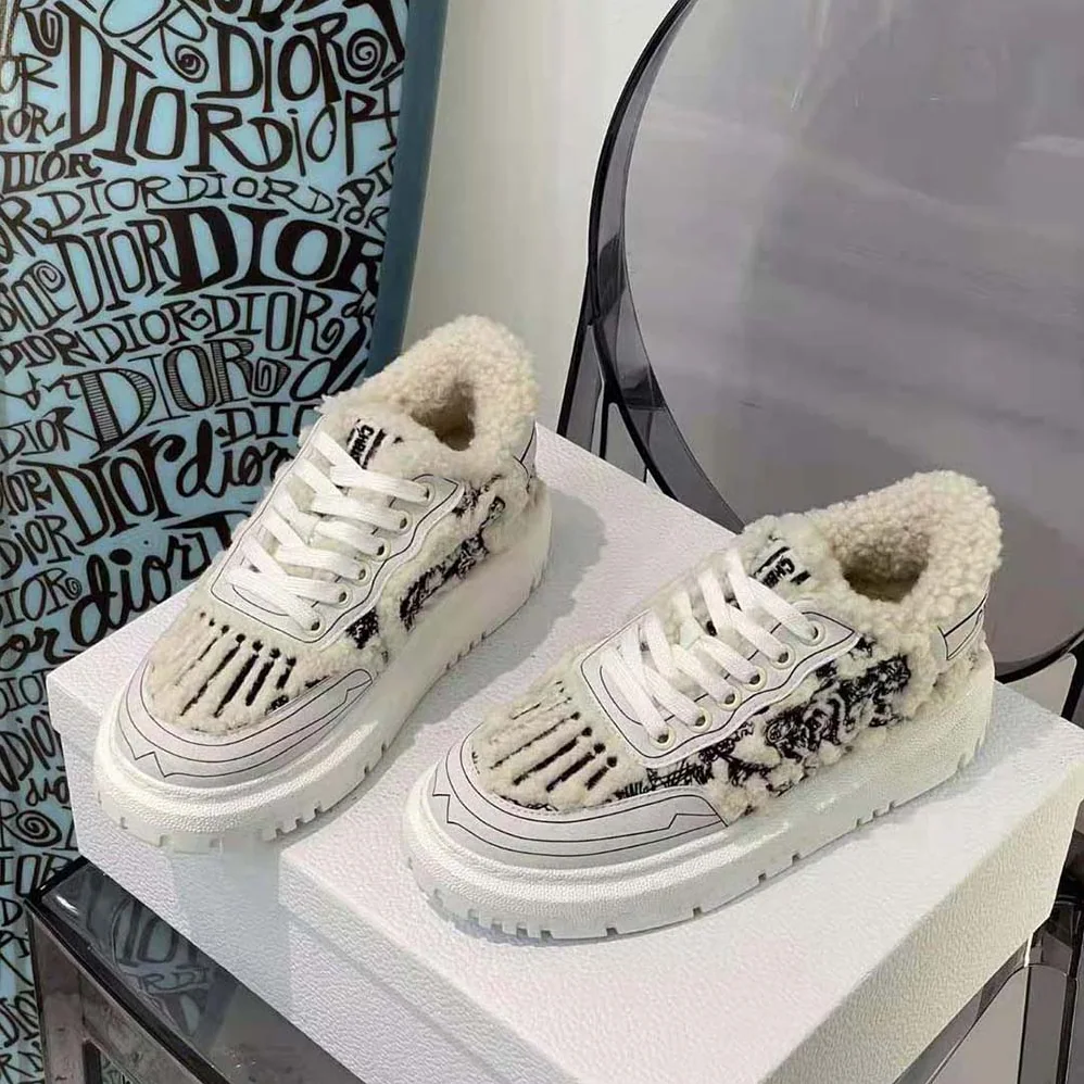 Dior Addict Sneaker Blue Toile de Jouy Embroidered Natural Shearling for Women