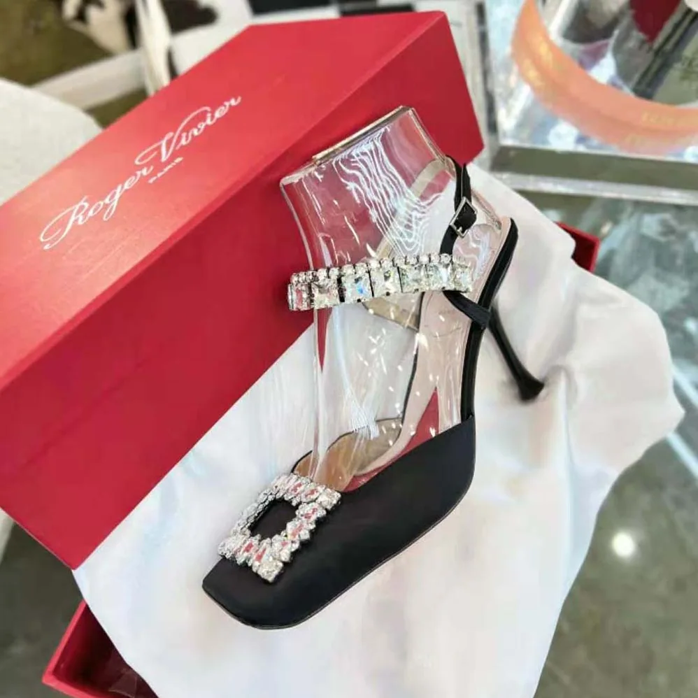 Roger Vivier Slingback Pumps Rhinestone Buckle in Satin for Women in Black Roger Vivier Slingback Pumps Rhinestone Buckle in Satin for Women in Black