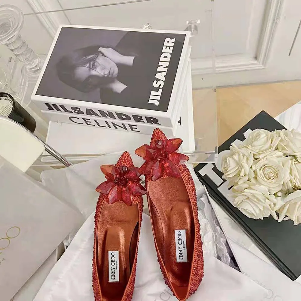Jimmy Choo Attila Red Crystal Covered Pointy Toe Flats for Women Jimmy Choo Attila Red Crystal Covered Pointy Toe Flats for Women