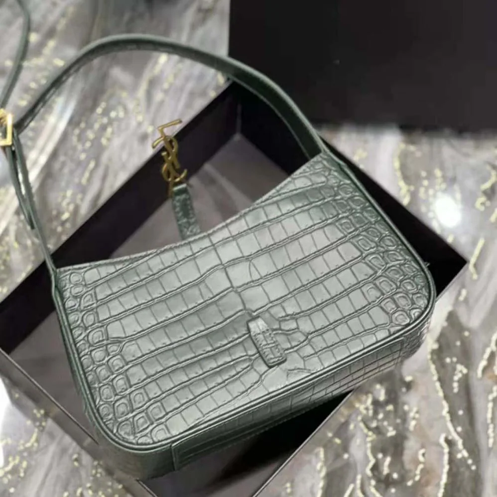 Saint Laurent YSL Le 5 A 7 Hobo Bag in Crocodile-Embossed Leather for Women in Green Saint Laurent YSL Le 5 A 7 Hobo Bag in Crocodile-Embossed Leather for Women in Green