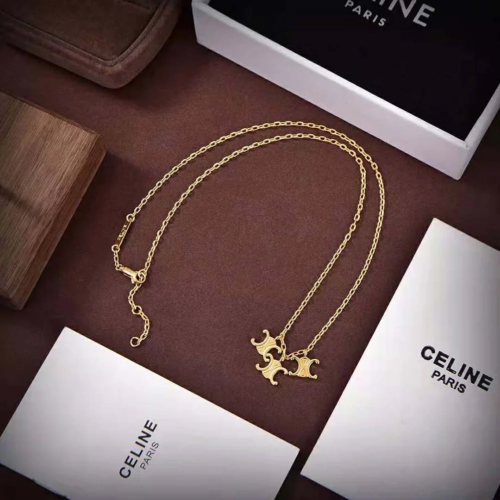 Celine Triomphe Trio Necklace in Brass with Gold Finish for Women