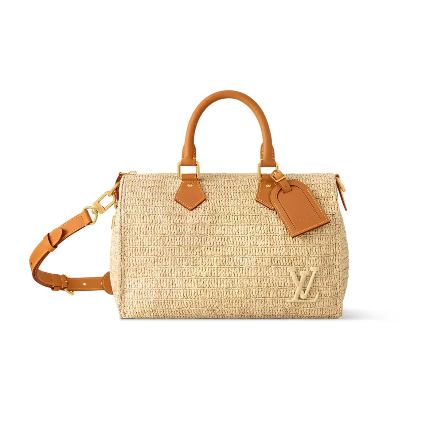 Louis Vuitton Speedy 30 Bandouliere Top Handle Bag / Natural Beige Raffia Gold Hardware