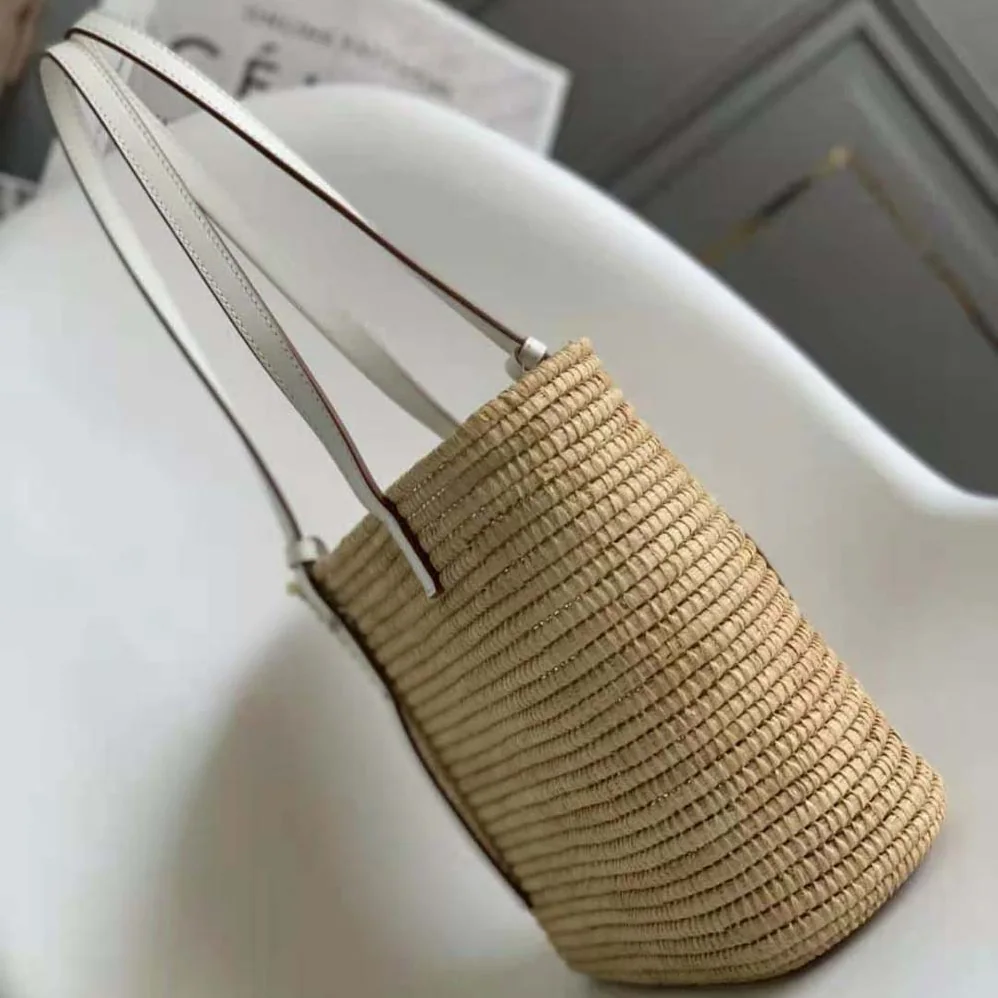 Loewe Small Square Basket Bag in Raffia and Calfskin for Women in White