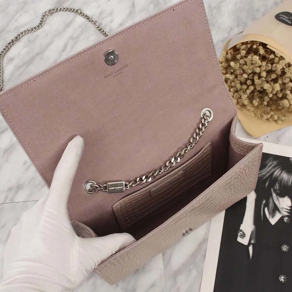 Saint Laurent YSL Kate Small Tassel Embossed Crocodile Shiny Calfskin for Women in Pink