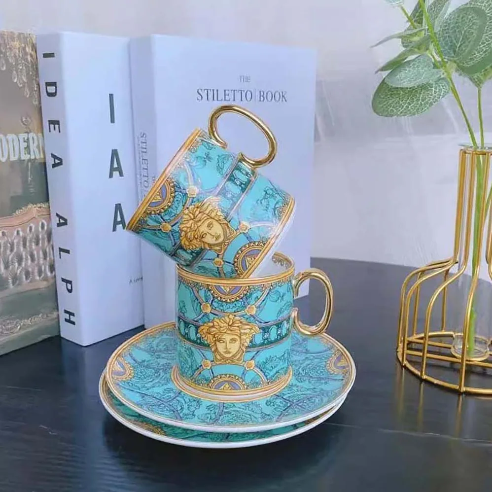 Versace Scala Del Palazzo Coffee Set Includes a Coffee Cup with Handle and a Matching Saucer in Blue