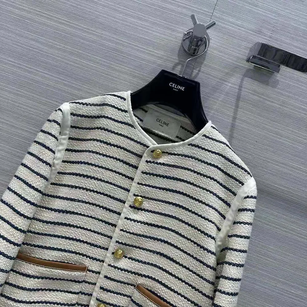 Celine Cardigan Jacket with Leather Details in Striped Cotton for Women Celine Cardigan Jacket with Leather Details in Striped Cotton for Women
