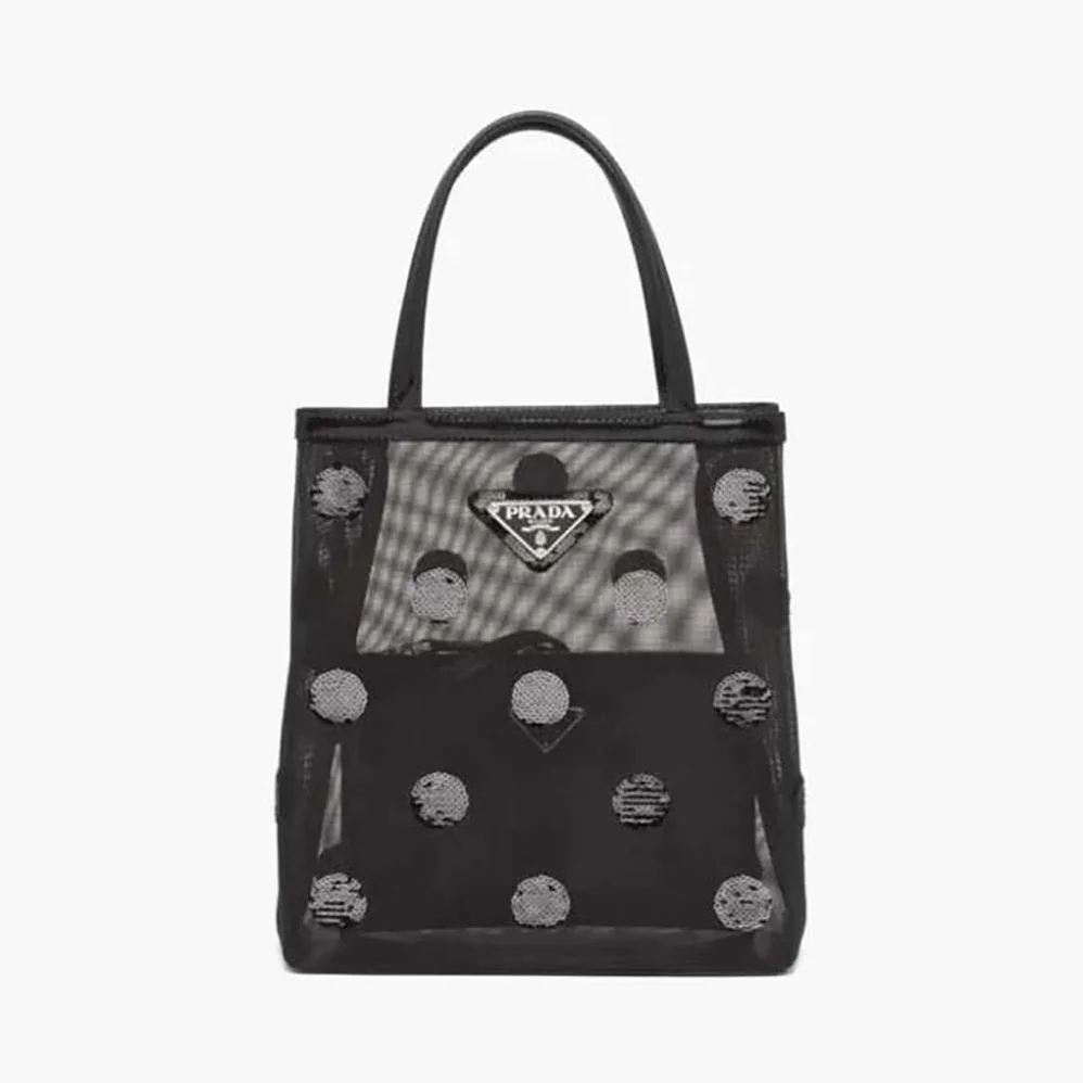 Prada Small Polka-Dot Mesh Tote Bag for Women in Black Prada Small Polka-Dot Mesh Tote Bag for Women in Black
