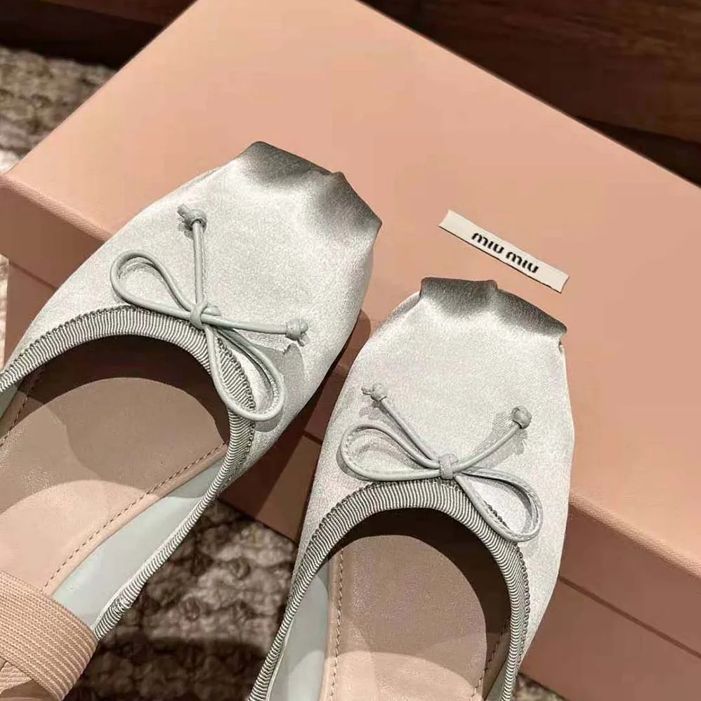 Miu Miu Satin Ballerinas with Knit Logo Label for Women in Blue Miu Miu Satin Ballerinas with Knit Logo Label for Women in Blue