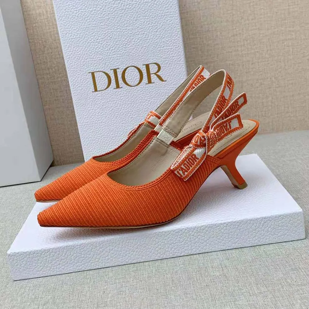 Dior J Adior Slingback Pump Bright Orange Cotton Embroidery for Women