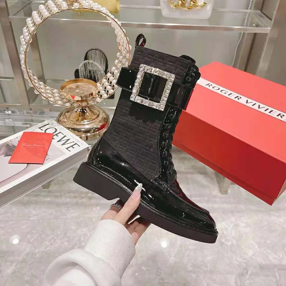 Roger Vivier Viv' Rangers Strass Buckle Boots in Fabrics for Women in Black Roger Vivier Viv' Rangers Strass Buckle Boots in Fabrics for Women in Black