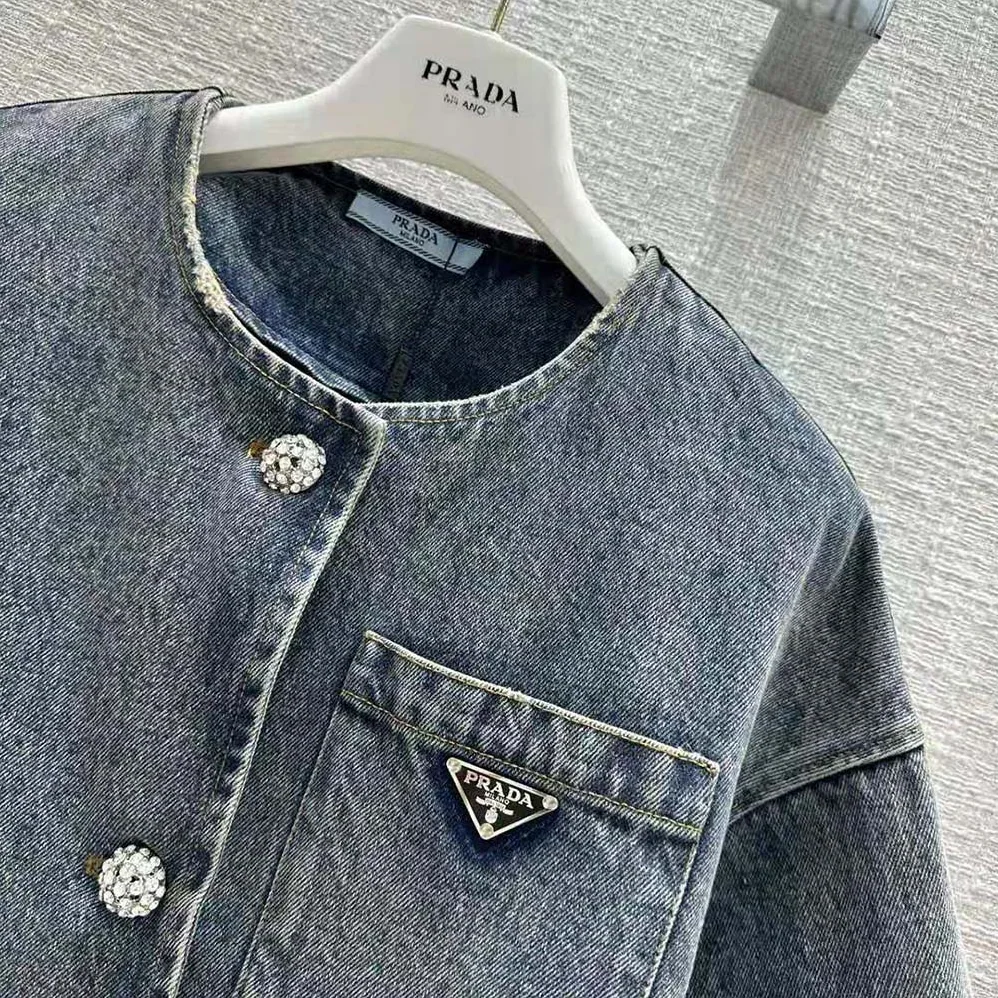 Prada Denim Blouson Jacket with Triangle Logo for Women Prada Denim Blouson Jacket with Triangle Logo for Women