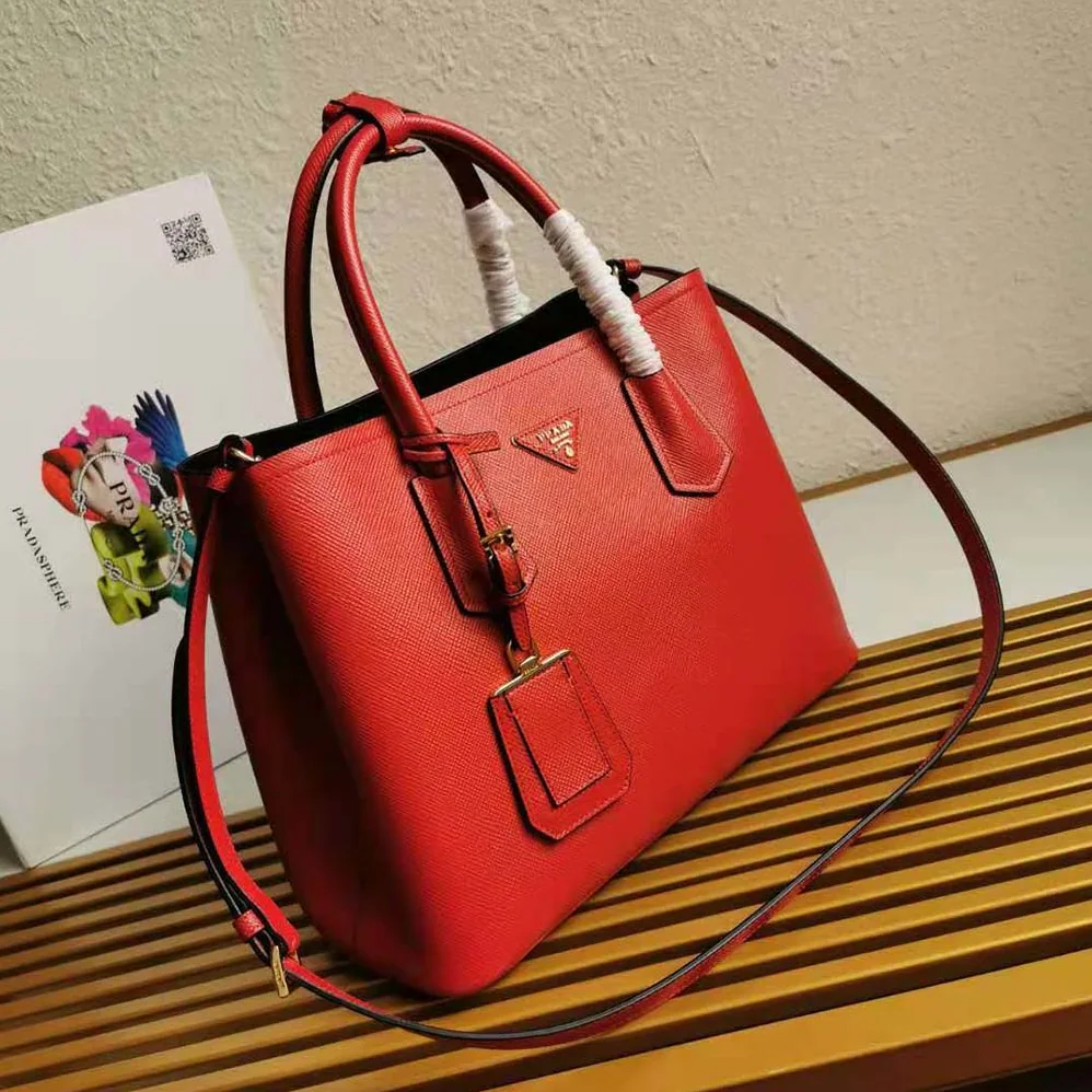 Prada Small Saffiano Leather Double Prada Bag for Women in Red