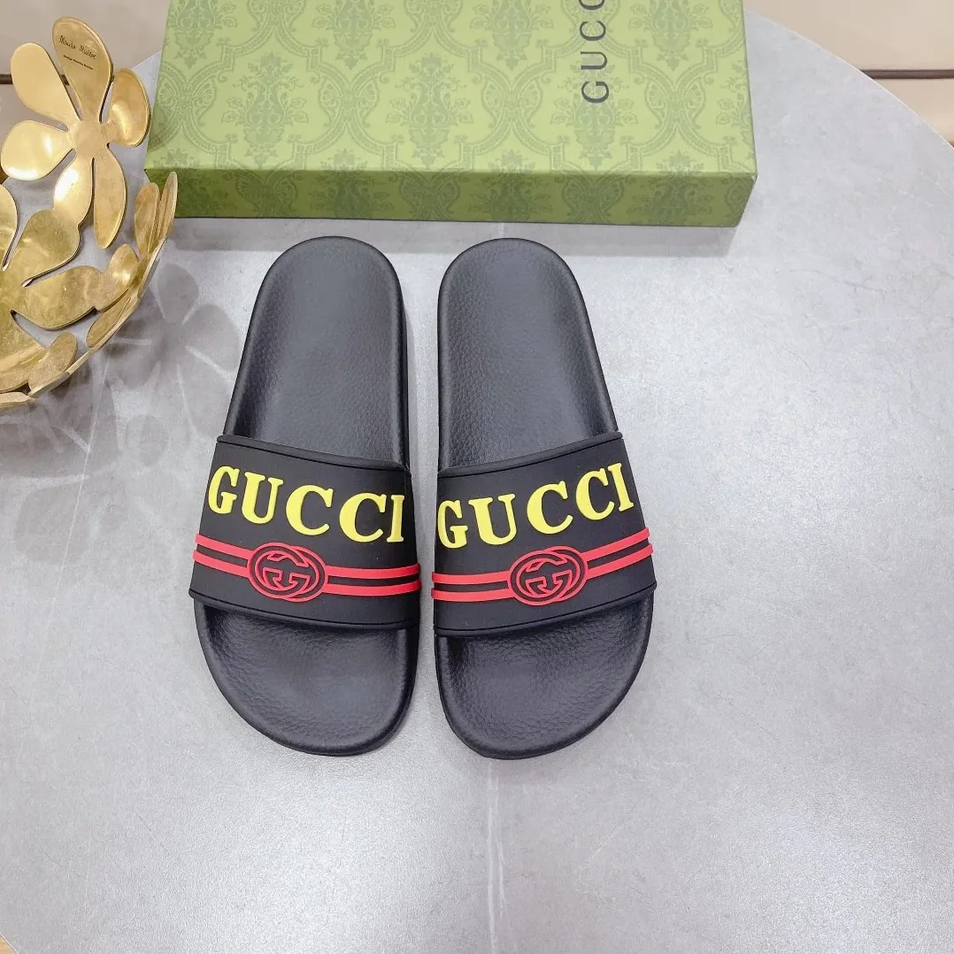 Gucci Logo Rubber Slide Black Red And Yellow for Men Gucci Logo Rubber Slide Black Red And Yellow for Men