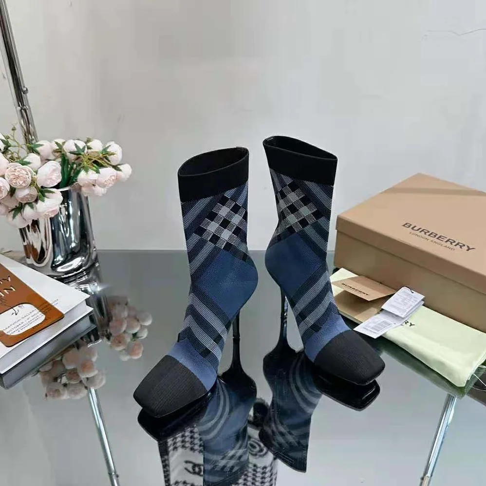 Burberry Knitted Check Sock Boots for Women in Navy Burberry Knitted Check Sock Boots for Women in Navy