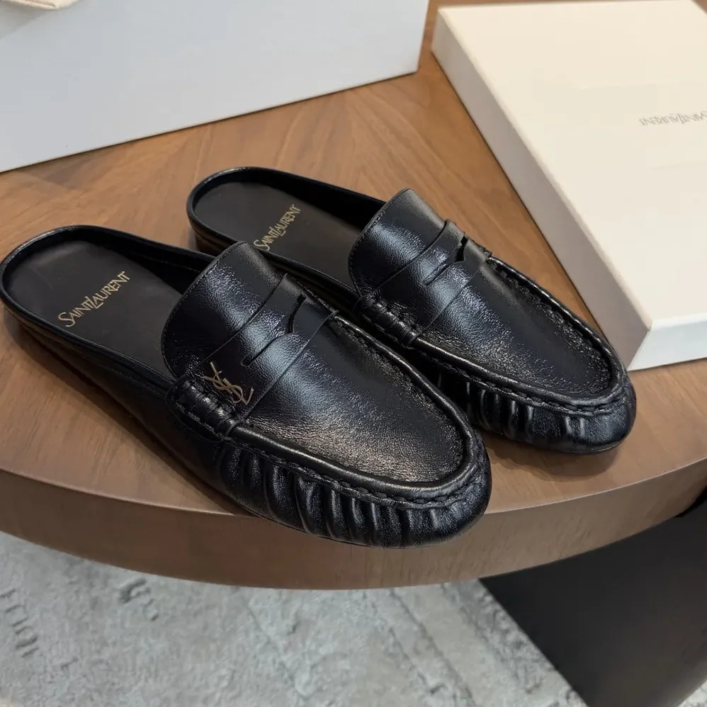 Saint Laurent YSL Le Loafer Mules in Shiny Creased Leather for Unisex