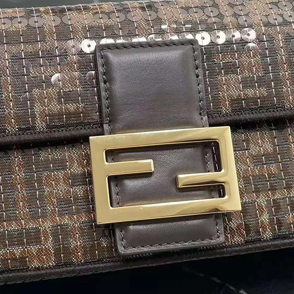 Fendi Baguette Mini Brown FF Jacquard Fabric Bag with Sequins for Women Fendi Baguette Mini Brown FF Jacquard Fabric Bag with Sequins for Women