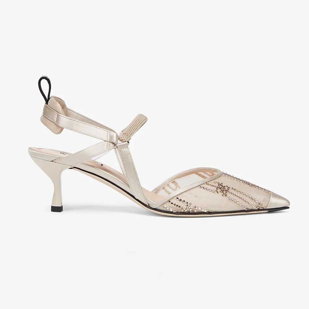 Fendi Colibri Medium Heel Pink Mesh Slingbacks with Rhinestone Embroidery for Women