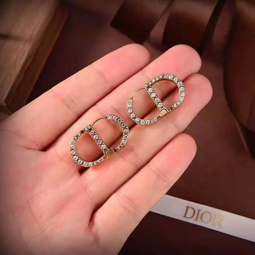 Dior 30 Montaigne Earrings Antique Gold-Finish Metal and White Crystals for Women