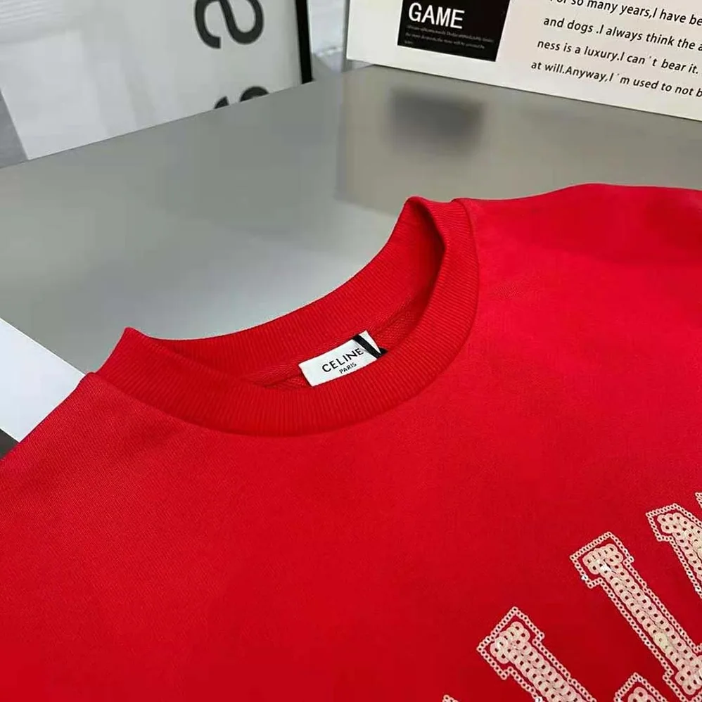 Celine Cropped Celine T-shirt in Cotton Fleece for Women in Red Celine Cropped Celine T-shirt in Cotton Fleece for Women in Red