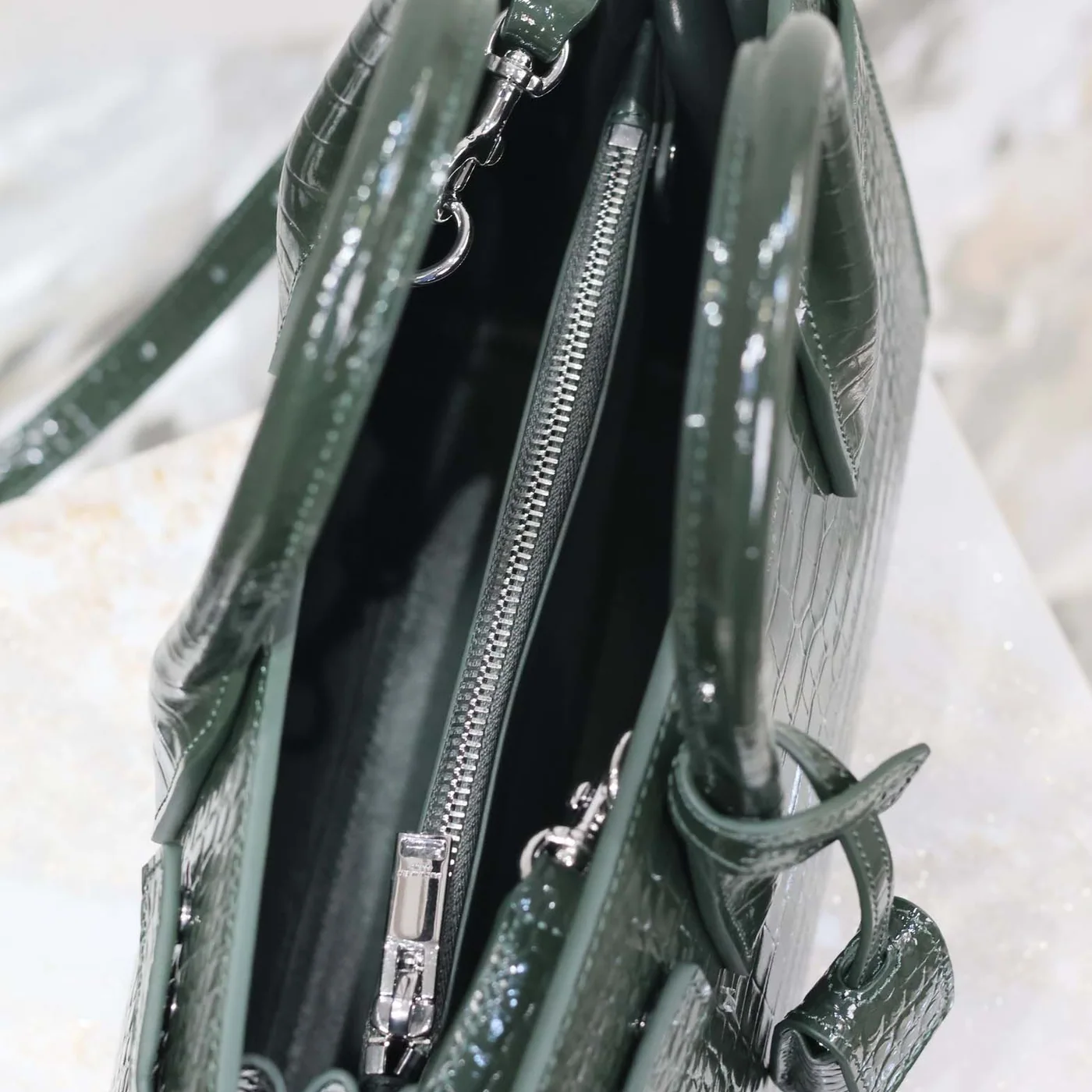 Saint Laurent YSL Sac De Jour in Embossed Crocodile Leather Baby for Women in Dark Green
