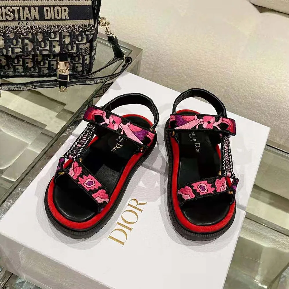 Dior D-wave Sandal Indy Pink Multicolor Cotton with Jardin Indien Embroidery for Women