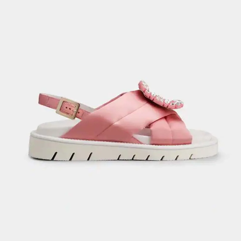 Roger Vivier Viv Winter Puffy Strass Buckle Sandals in Satin for Women in Pink