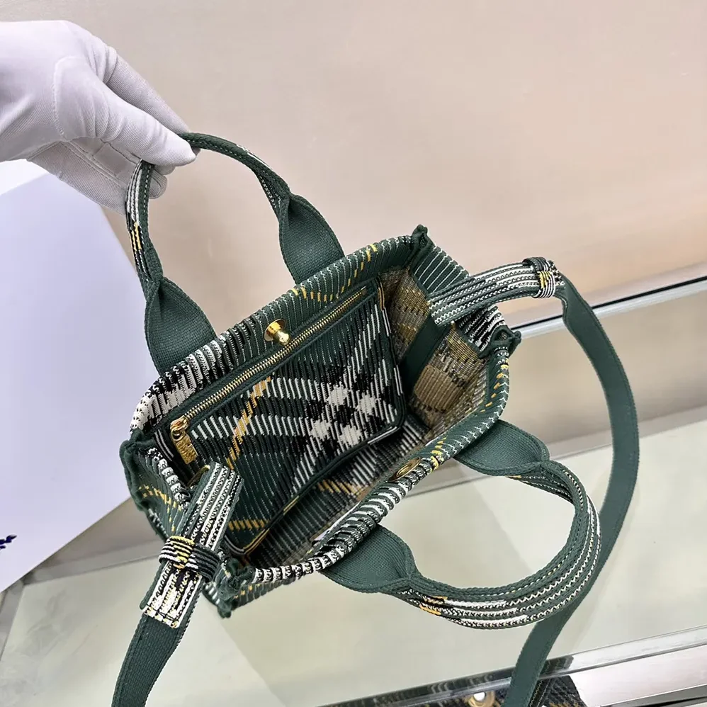 Burberry Mini Check Knitted Tote for Women in Green Burberry Mini Check Knitted Tote for Women in Green