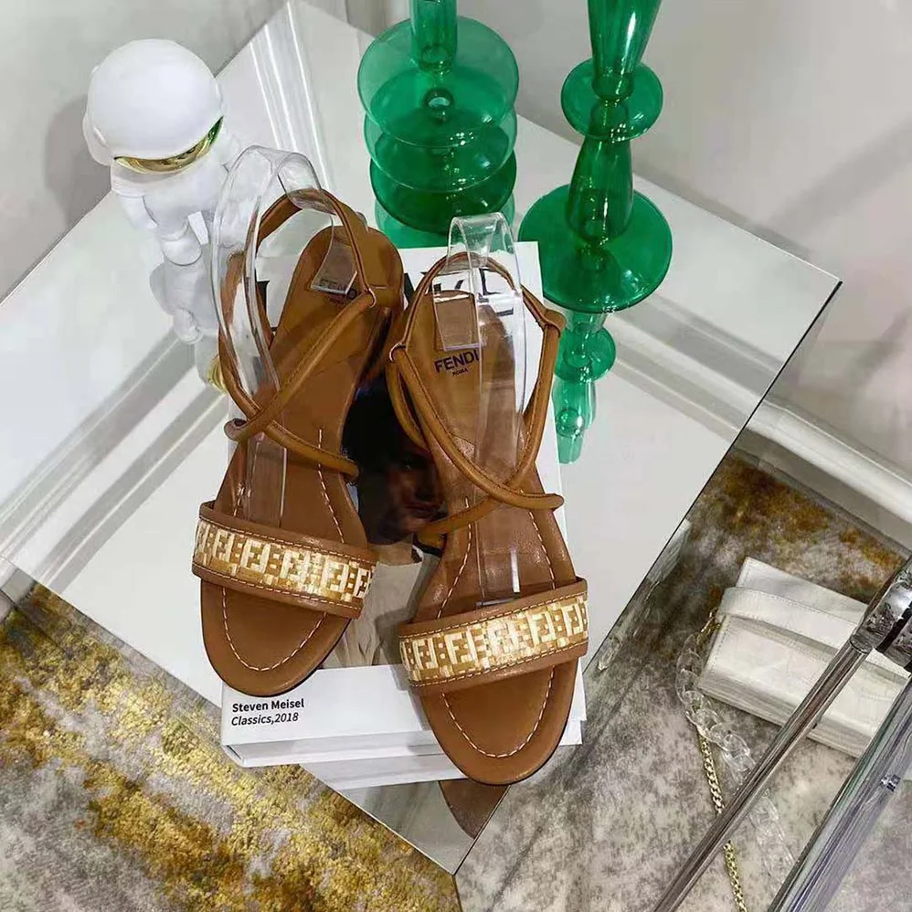 Fendi FF Interlace Brown Leather Sandals for Women