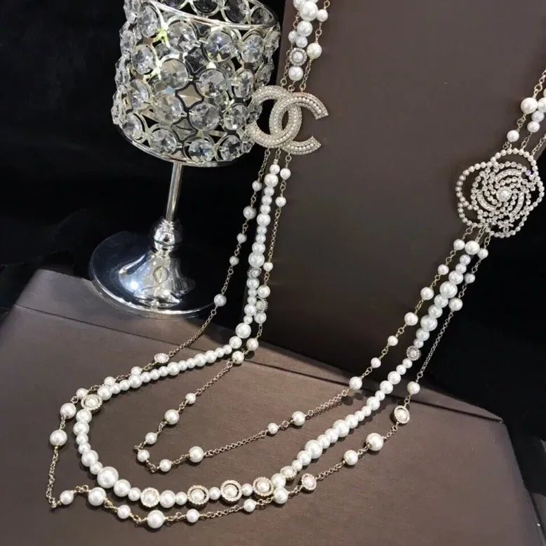 Chanel Multilayered Pearl And Camellia Long Necklace Gold Hardware