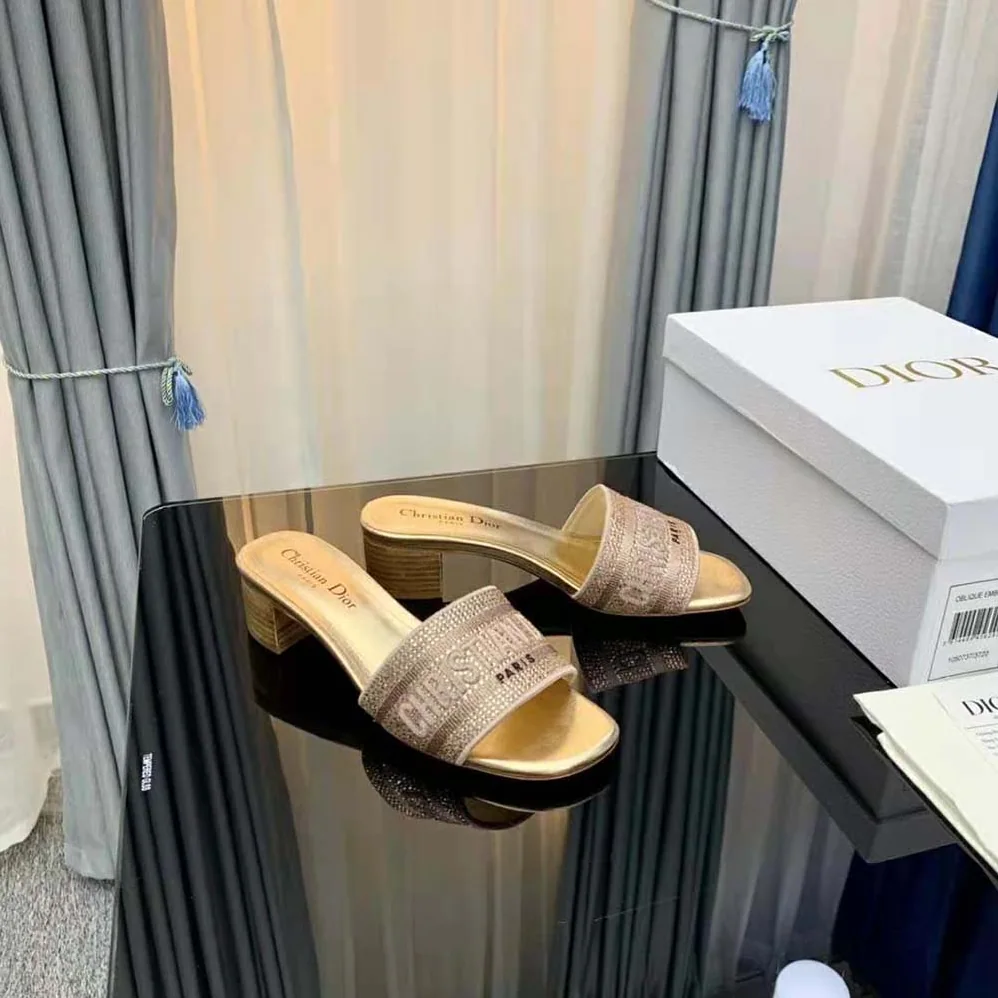 Dior Dway Heeled Slide Gold for Women in Tone Cotton Embroidered Dior Dway Heeled Slide Gold for Women in Tone Cotton Embroidered