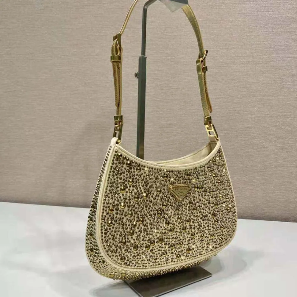 Prada Cleo Satin Bag with Crystals for Women in Gold Prada Cleo Satin Bag with Crystals for Women in Gold