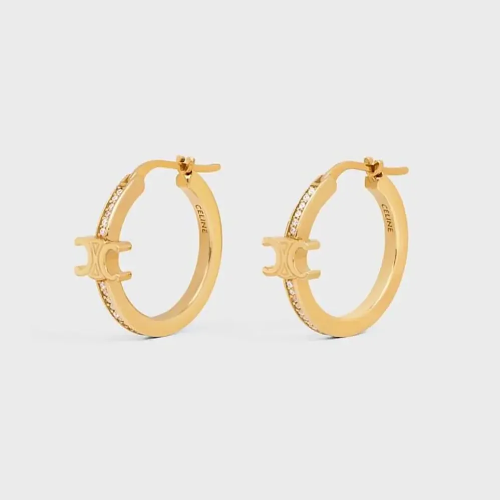 Celine Triomphe Sparkle Hoops in Strass and Brass with Gold Finish for Women