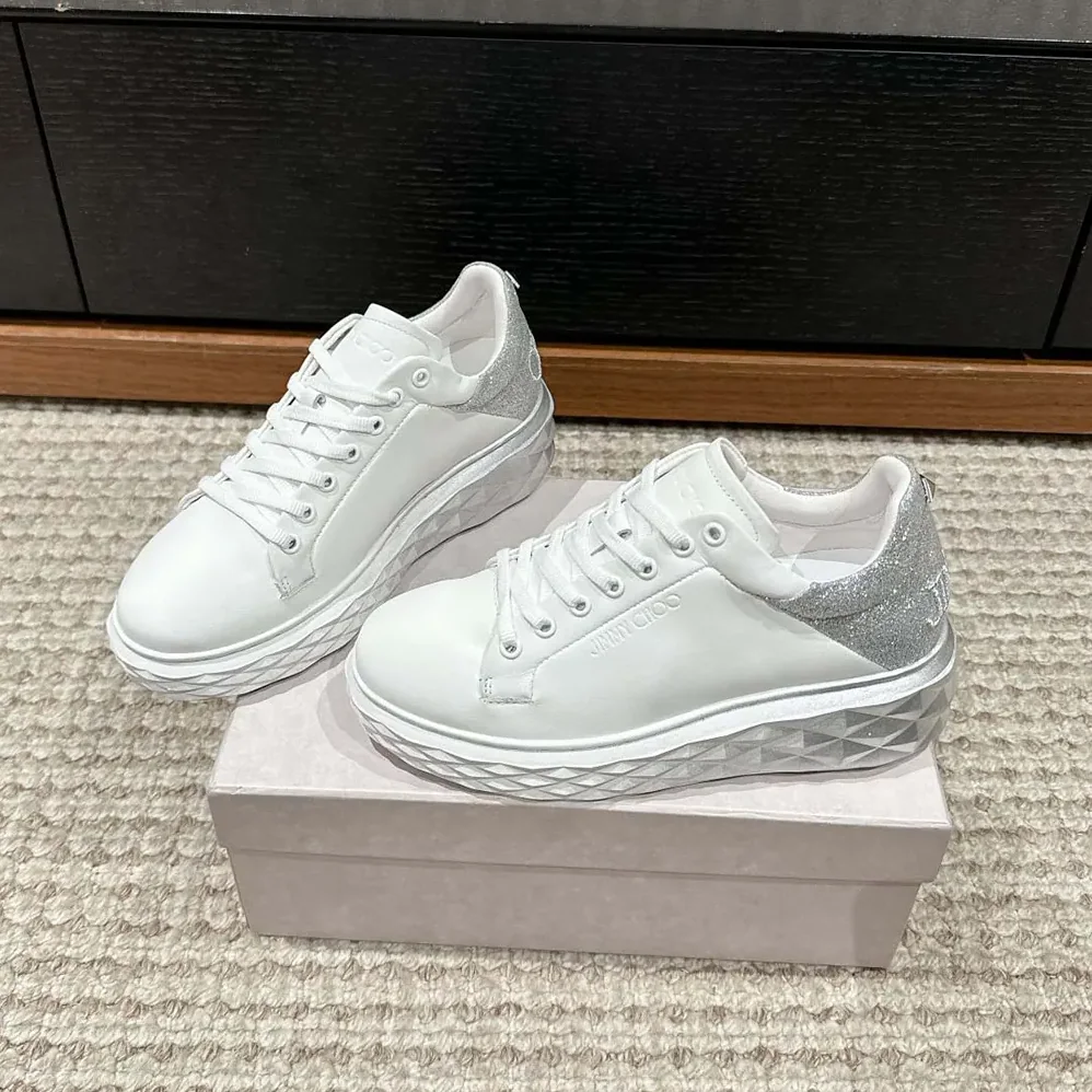 Jimmy Choo Diamond Maxi/F II White & Silver Nappa Leather Glitter Trainers for Women Jimmy Choo Diamond Maxi/F II White & Silver Nappa Leather Glitter Trainers for Women