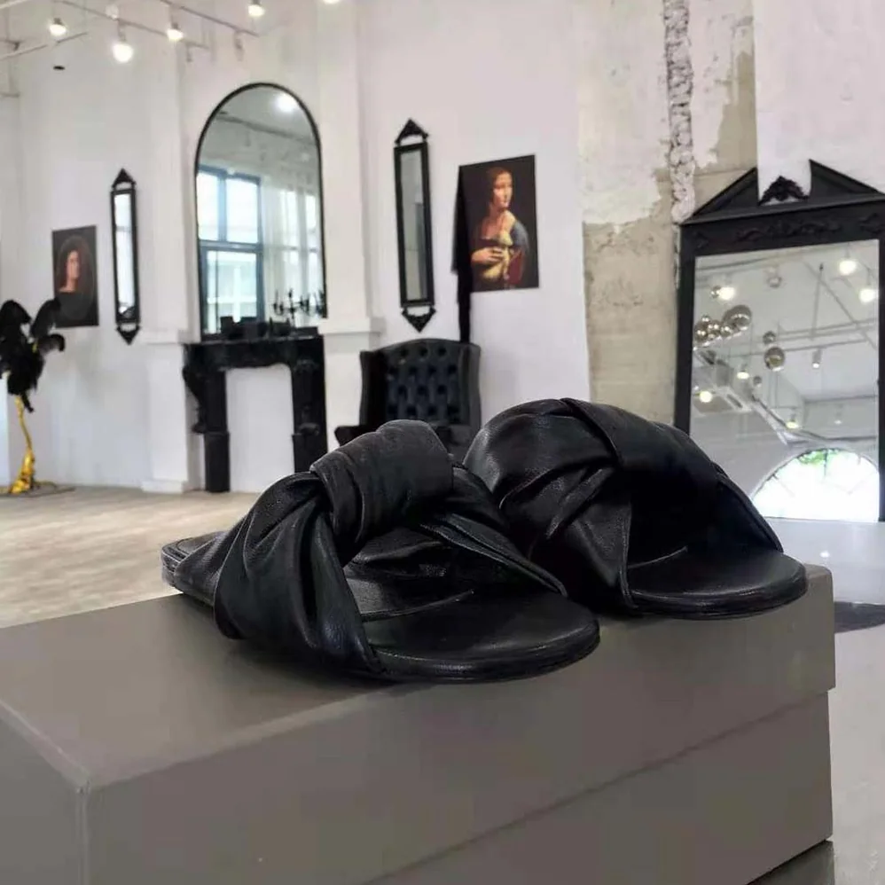 Balenciaga Drapy Flat Sandal in Black Smooth Nappa Lambskin for Women