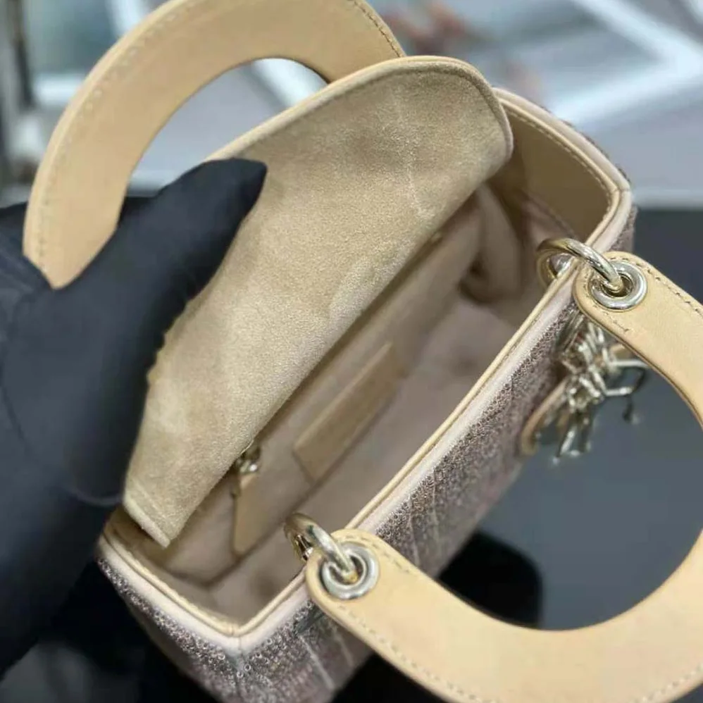 Dior Mini Lady D-joy Bag Caramel Beige Cannage Cotton Embroidered with Micropearls for Women
