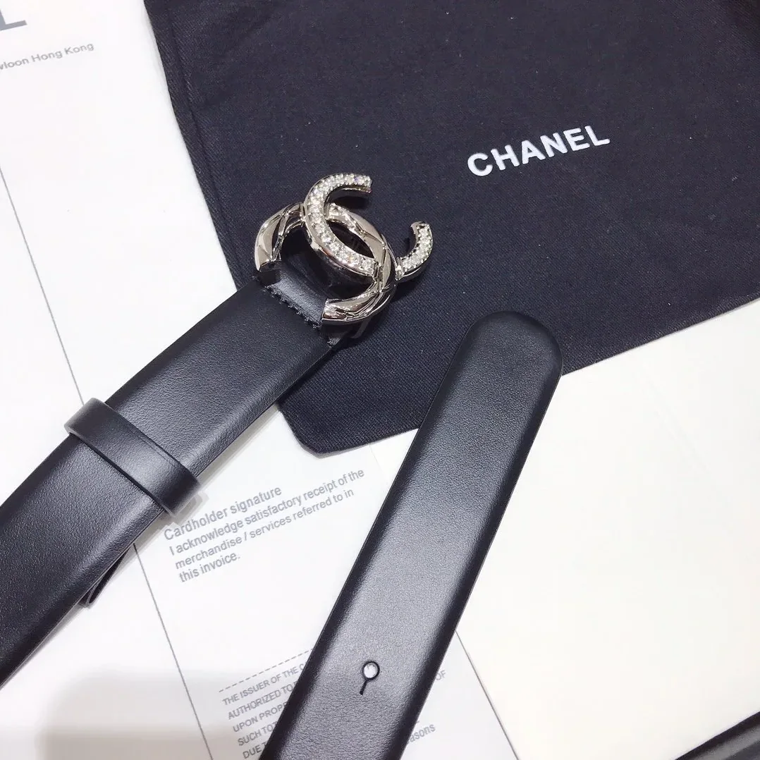 Chanel Black Belt With Double C Buckle Silver in Toned Metal Women