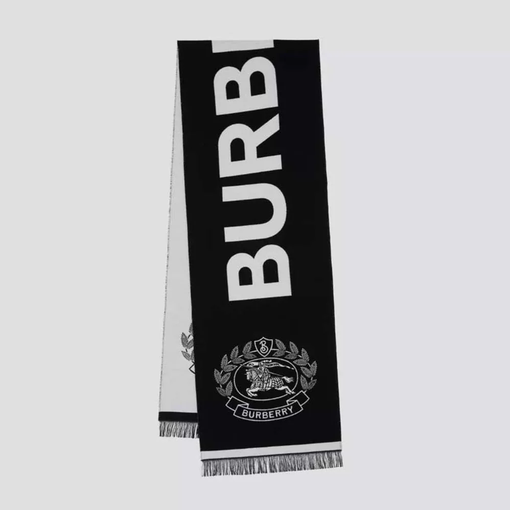 Burberry Logo and EKD Wool Silk Jacquard Scarf for Women in Black Burberry Logo and EKD Wool Silk Jacquard Scarf for Women in Black